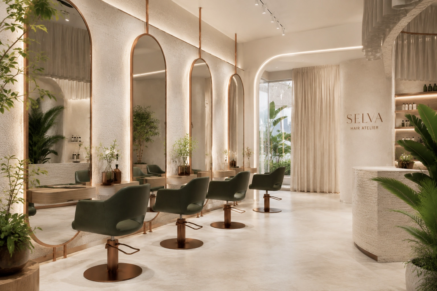 Postazioni styling con specchi ad arco, sedute verdi e illuminazione calda