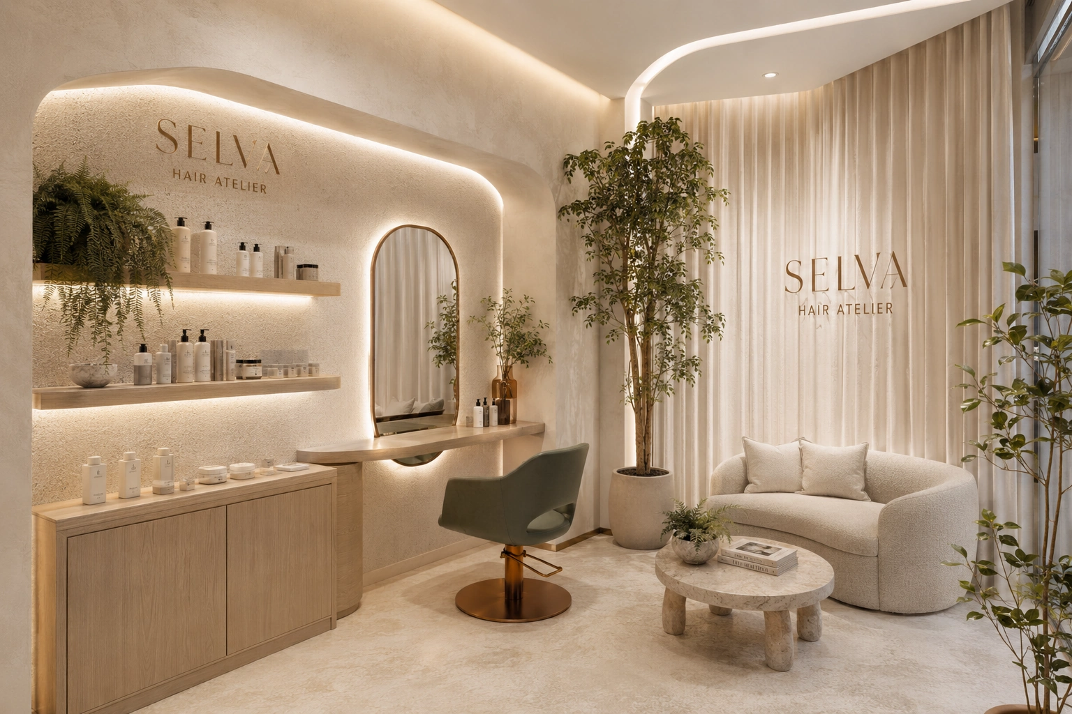 Angolo lounge e styling di SELVA Hair Atelier con texture sabbia, verde botanico e luce calda