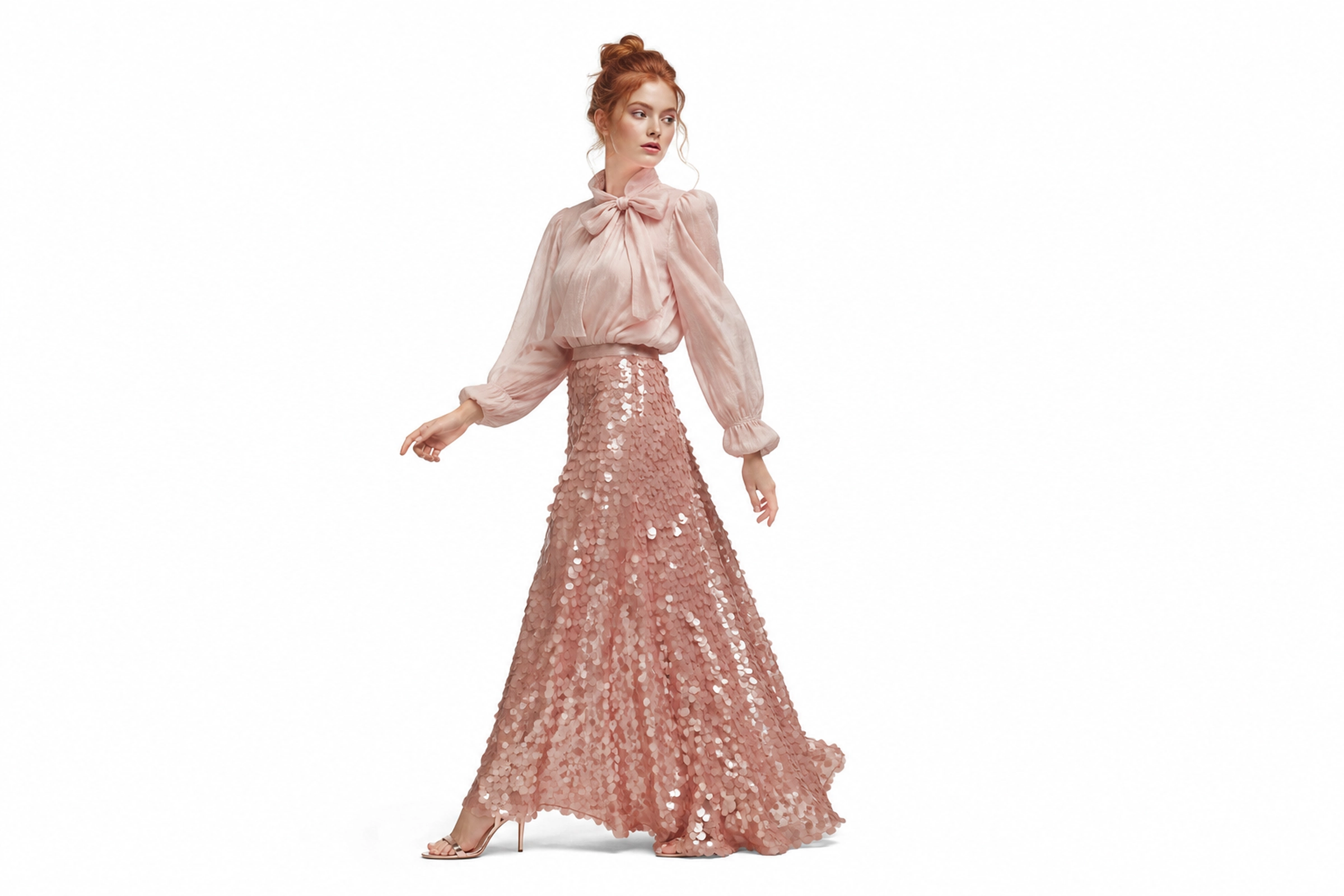 Modella rame con outfit rosa e texture luminosa da passerella