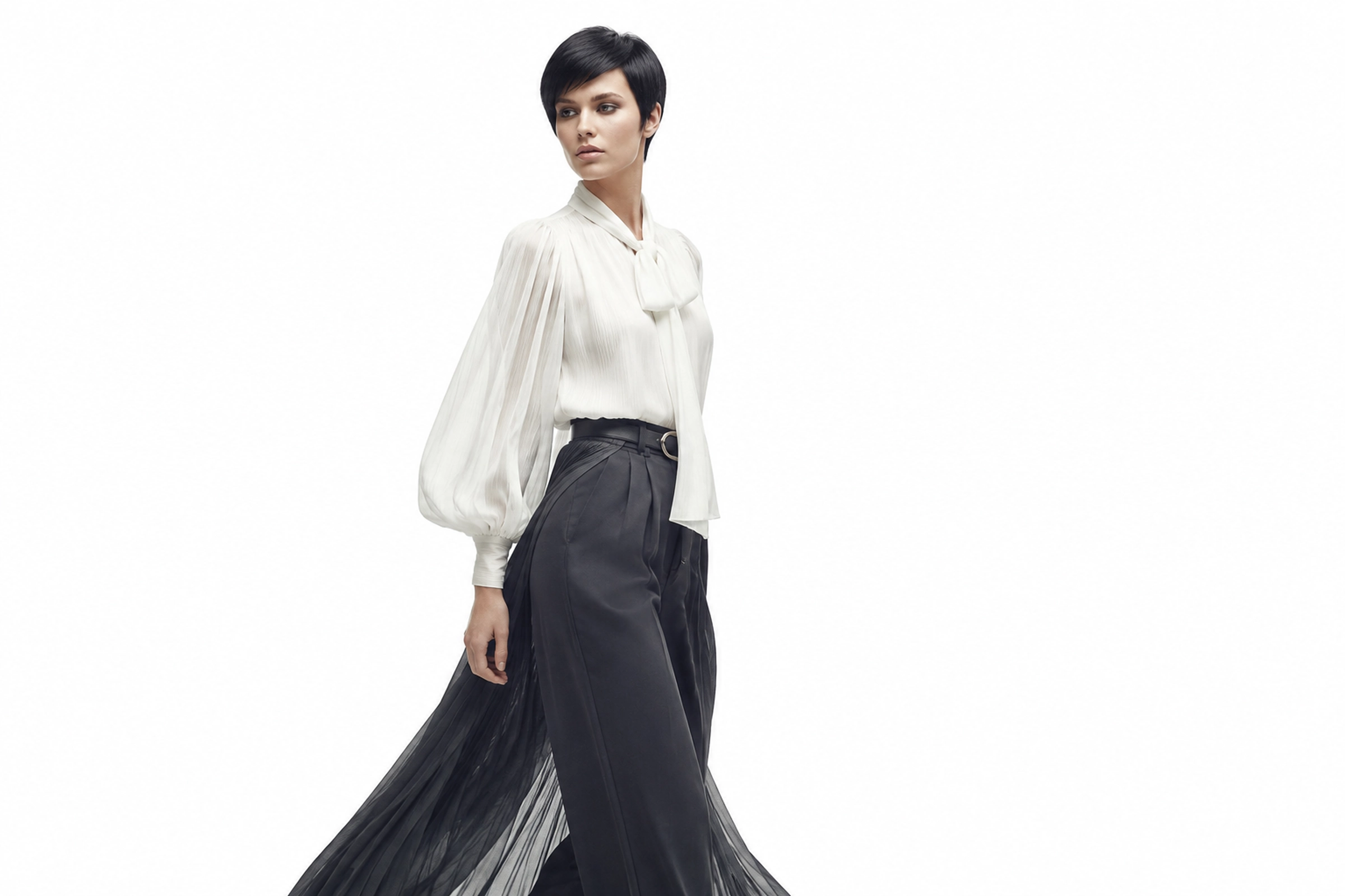 Modella con taglio pixie nero e styling sartoriale