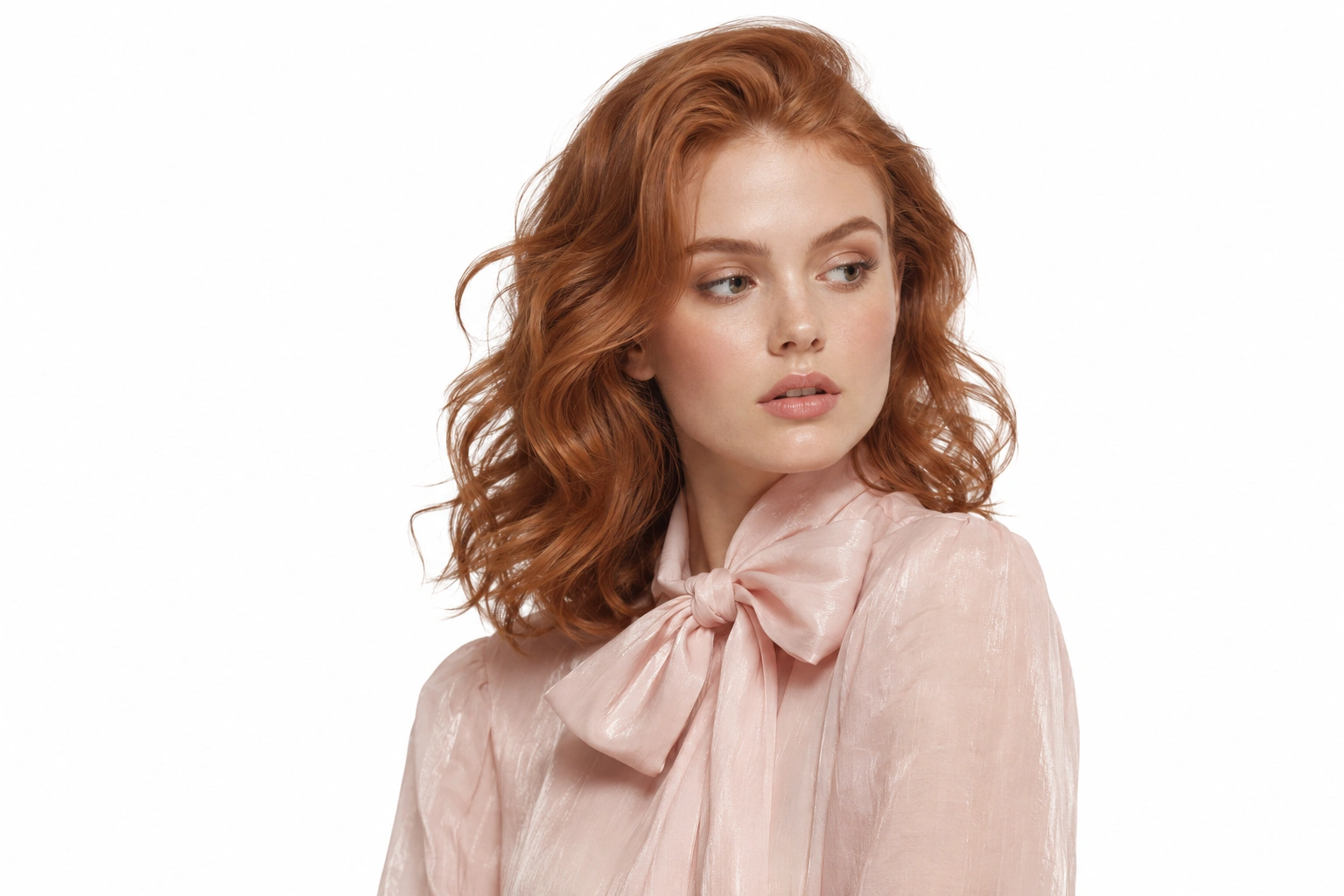 Ritratto con capelli rame mossi e blouse rosa editoriale