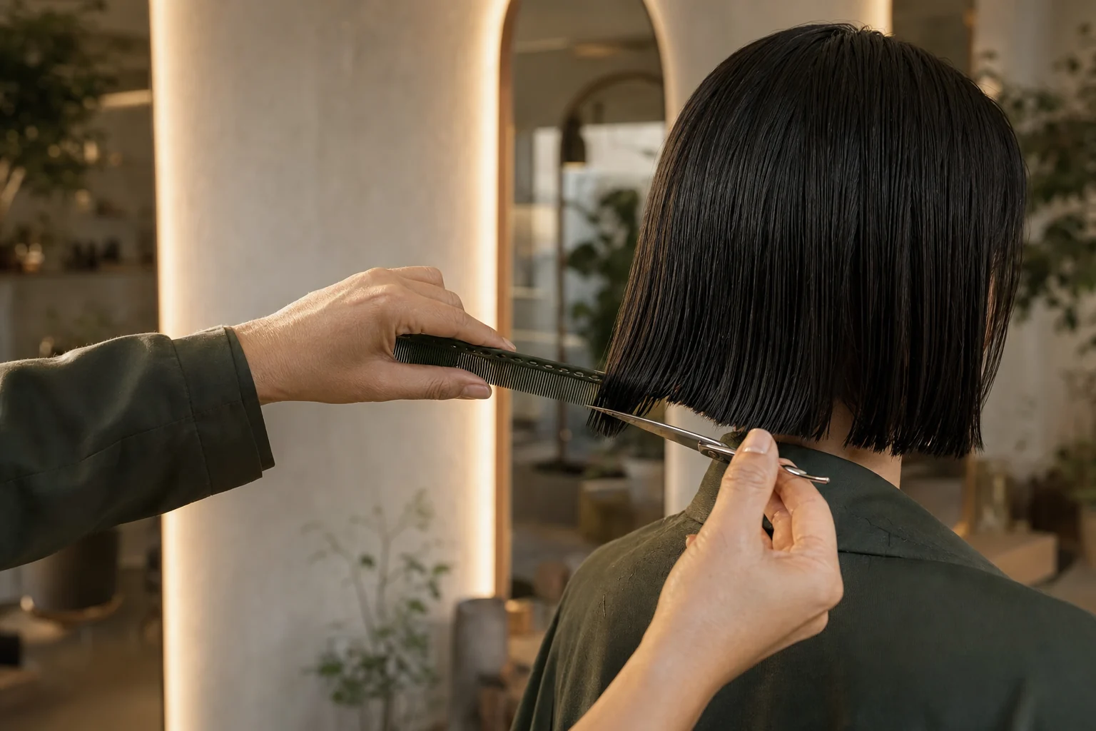 Mani dello stylist rifiniscono un bob nero con forbici e pettine