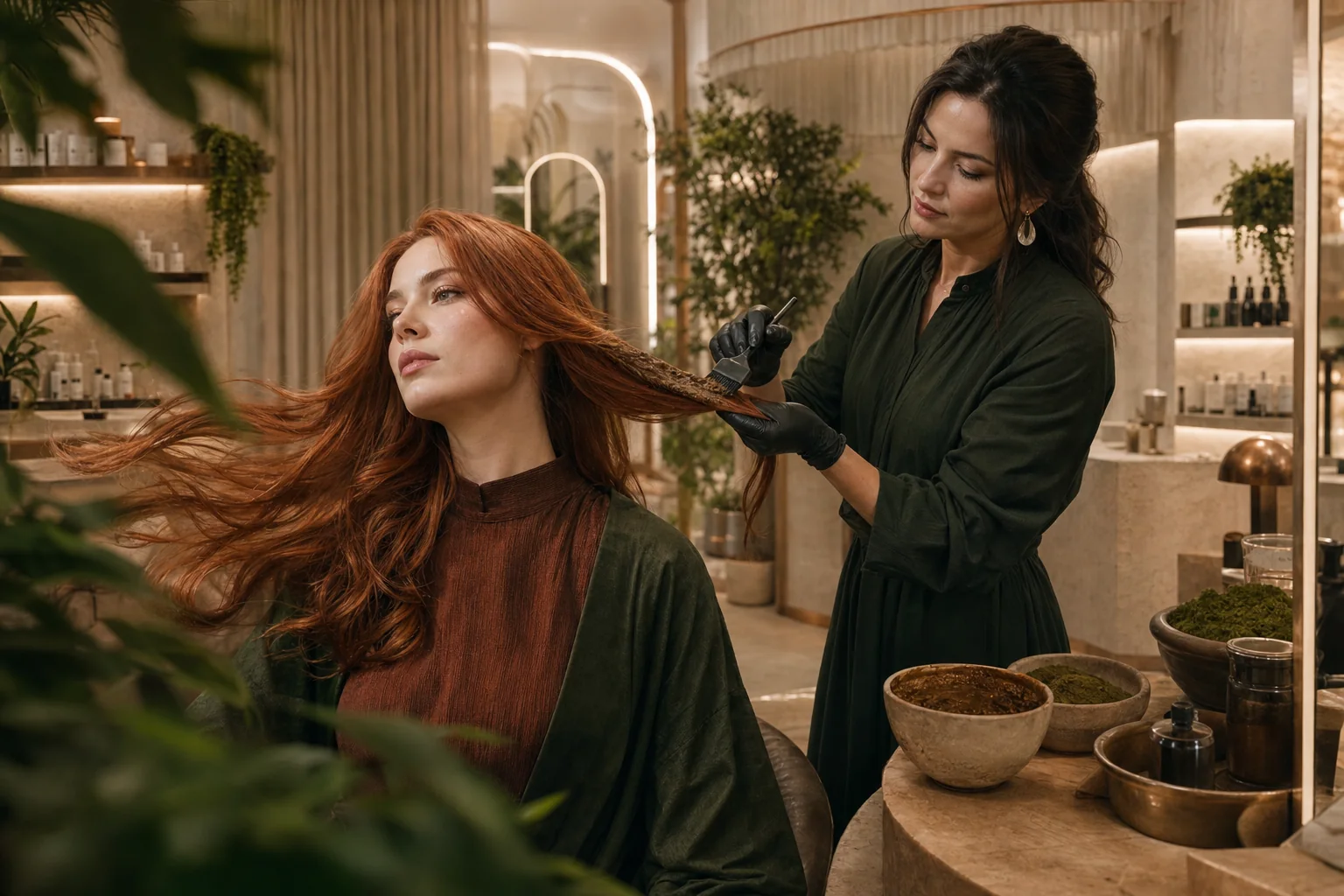 Rituale henné su lunghi capelli rame nell'atelier SELVA