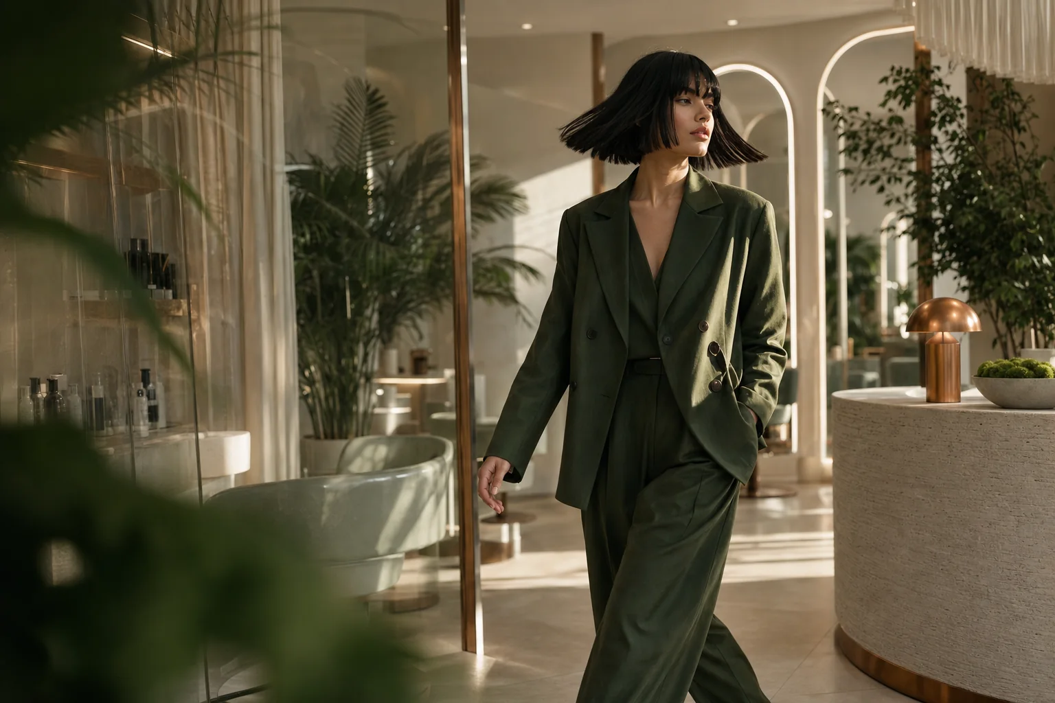 Modella con bob nero in movimento nel salone botanico SELVA