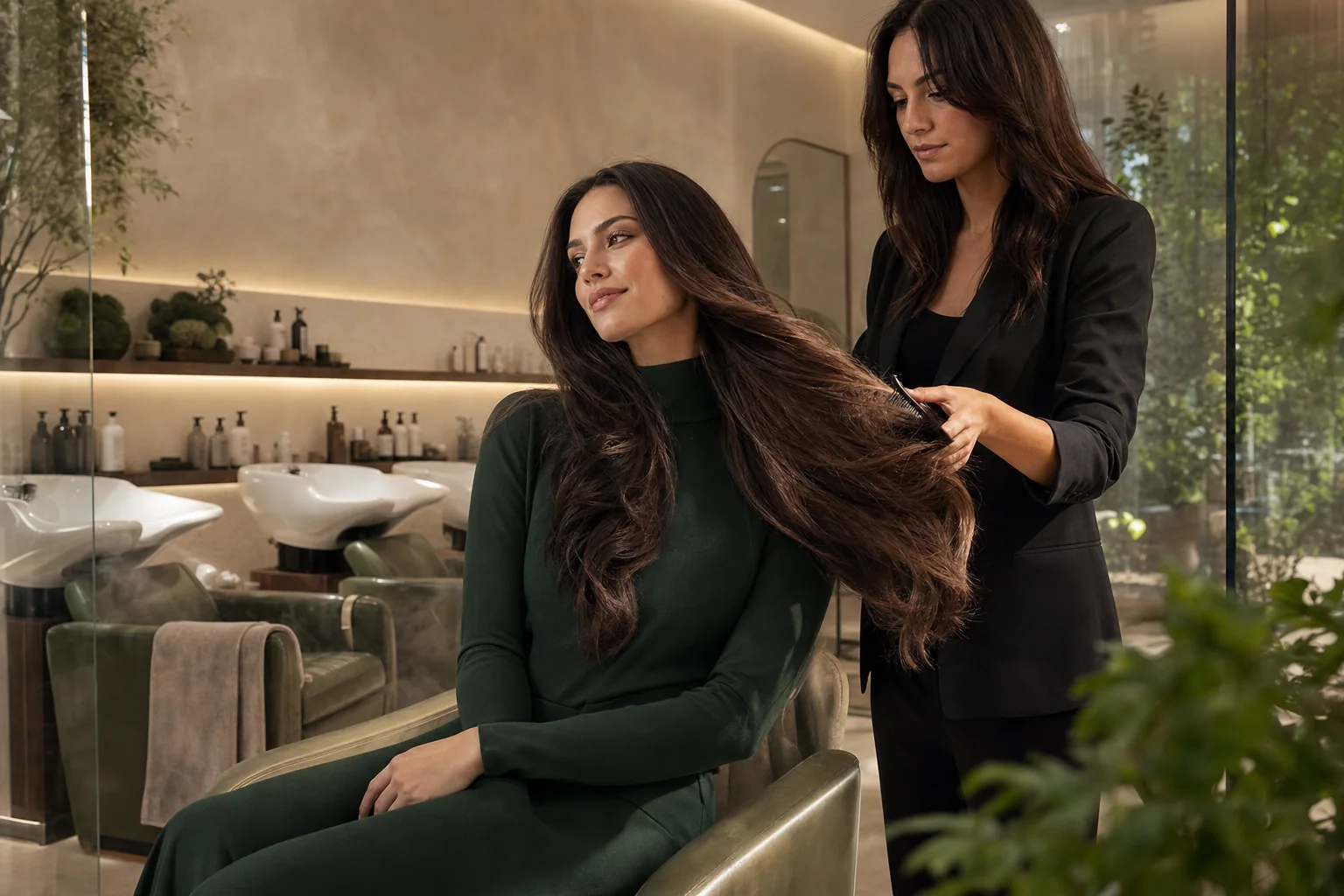 Trattamento professionale su lunghi capelli castani nel ritual room