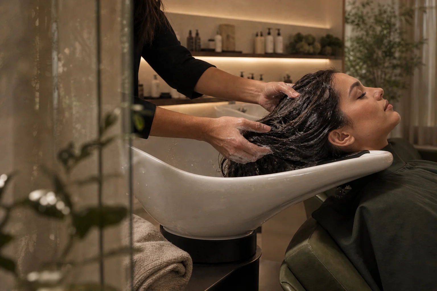 Rituale lavatesta su capelli castani nel wash room SELVA